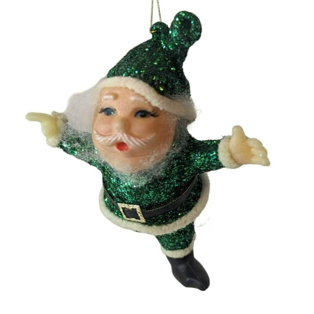 Vintage Green Glitter Flocked Leprechaun Santa Claus and Plaid Heart Ornaments - Picture 3 of 8